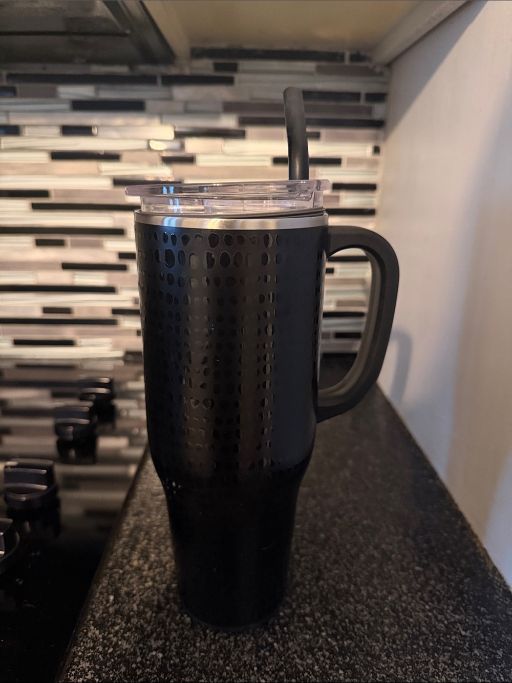 Black Travel Tumbler with Handle and Clear Lid Swig Brand